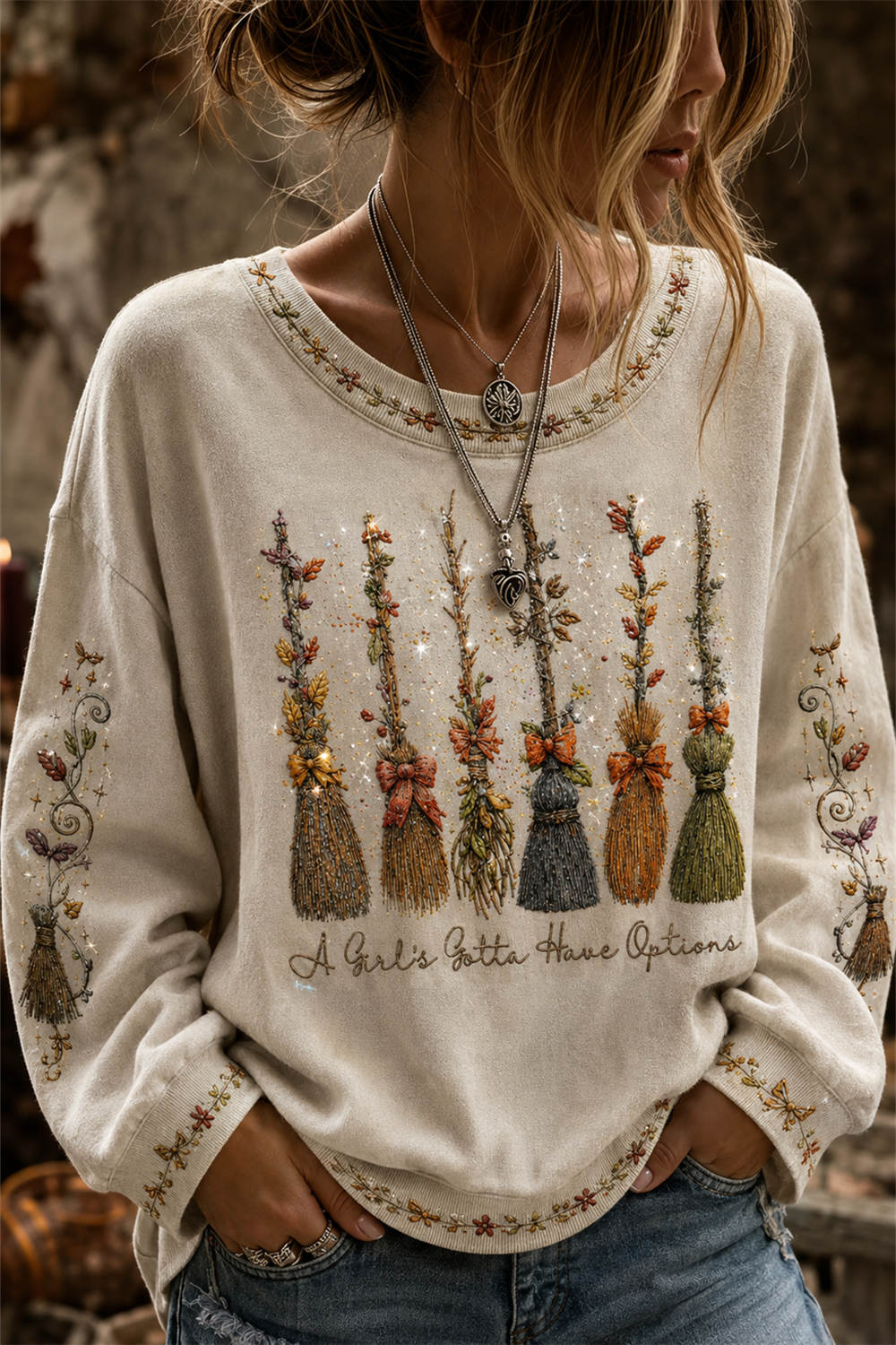 Women's Halloween Beige Broom Print Round Neck Sweatshirt