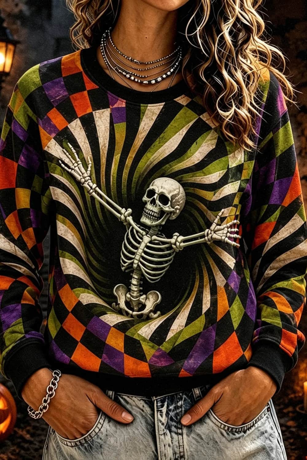 Women's Halloween Multi Spiral Check Skull Print Round Neck Sweatshirt