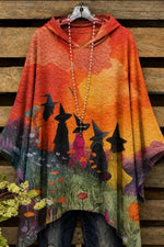 Women's Halloween Orange Witch Print Hooded Long Sleeve Hoodie