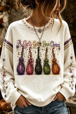 Women's Halloween White Witch Broom Print Round Neck Long Sleeve Sweatshirt