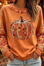 Women's Halloween Orange Button Pumpkin Leaf Print Round Neck Top