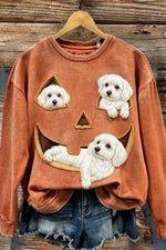 Women's Halloween Rust Maltese Dog Pumpkin Face Print Round Neck Top