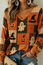 Women's Halloween Multi Plaid Ghost Pumpkin Patchwork V Neck Long Sleeve Top