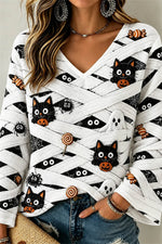 Women's Halloween White Pumpkin Face Cat Print V Neck Long Sleeve Top