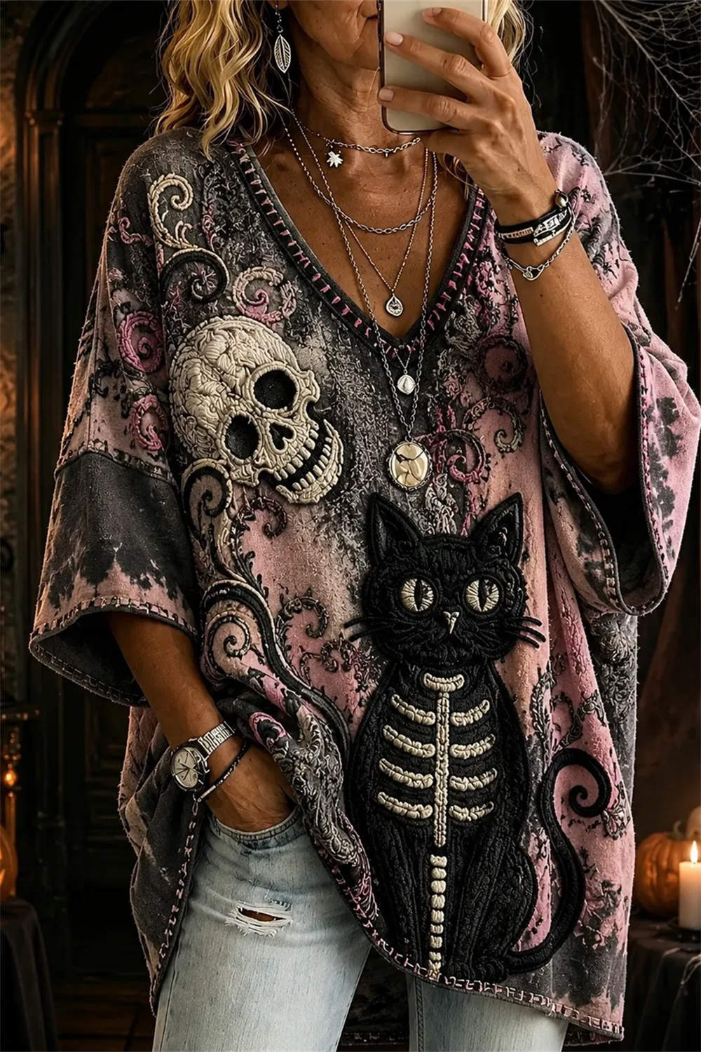 Women's Halloween Multi Skull Cat Print V Neck Three Quarter Sleeve Top