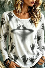 Women's Halloween White Handprint Print Round Neck Long Sleeve Top