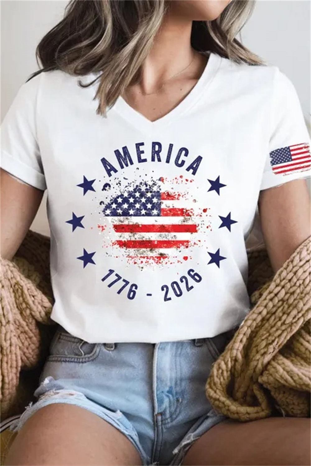 America 250th Anniversary White Flag Print V Neck Short Sleeve Tee