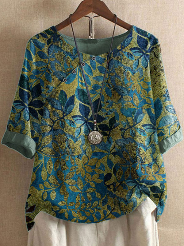 Bluse mit Blättermuster, Rundhalsausschnitt und halben Ärmeln