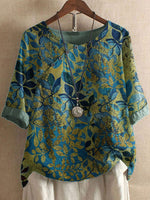 Bluse mit Blättermuster, Rundhalsausschnitt und halben Ärmeln