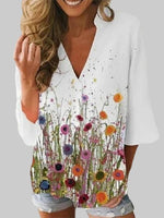 Chemisier à imprimé floral pour femme, col en V et manches 3/4