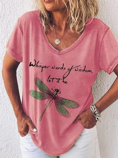 Dragonfly Print V-neck Short Sleeves T-shirt