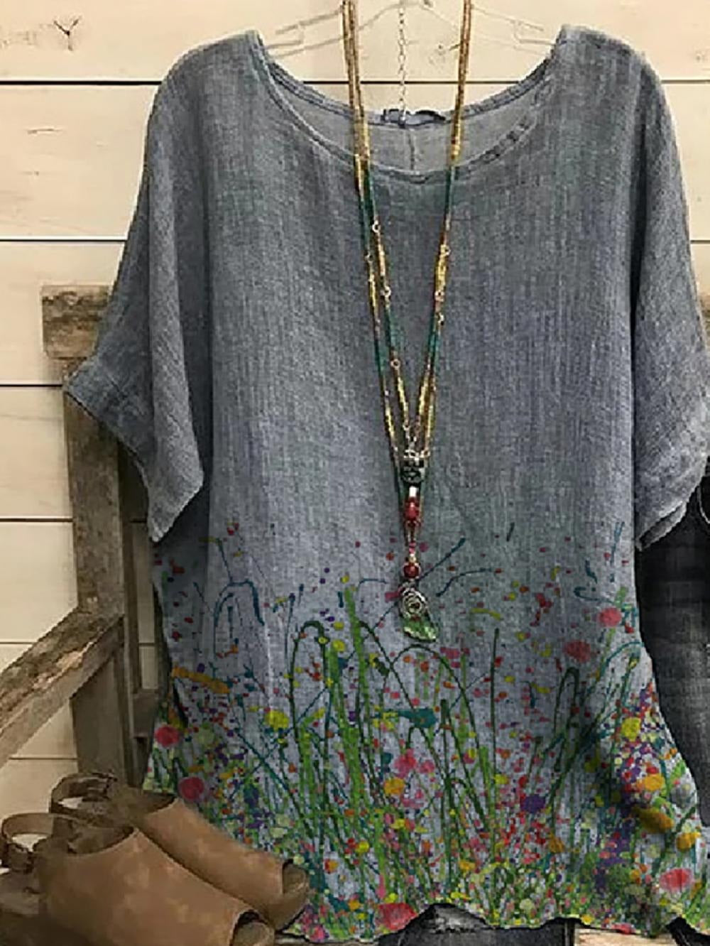 Floral Print Round Neck Short Sleeves T-shirt