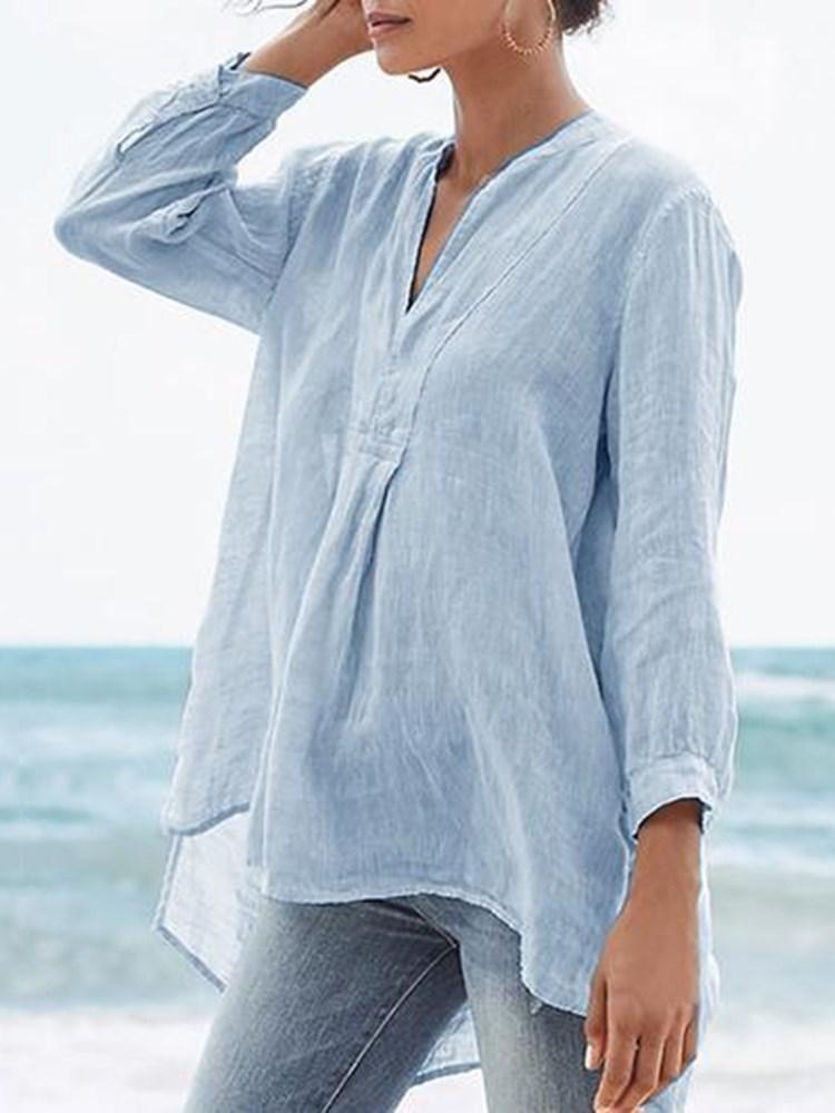 Solid Color Casual V-neck 3/4 Sleeves Blouse