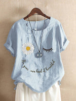 Daisy Letter Print Round Neck Short Sleeves T-shirt