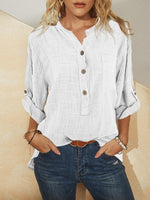 Solid Color Buttons V-neck Long Sleeves Blouse