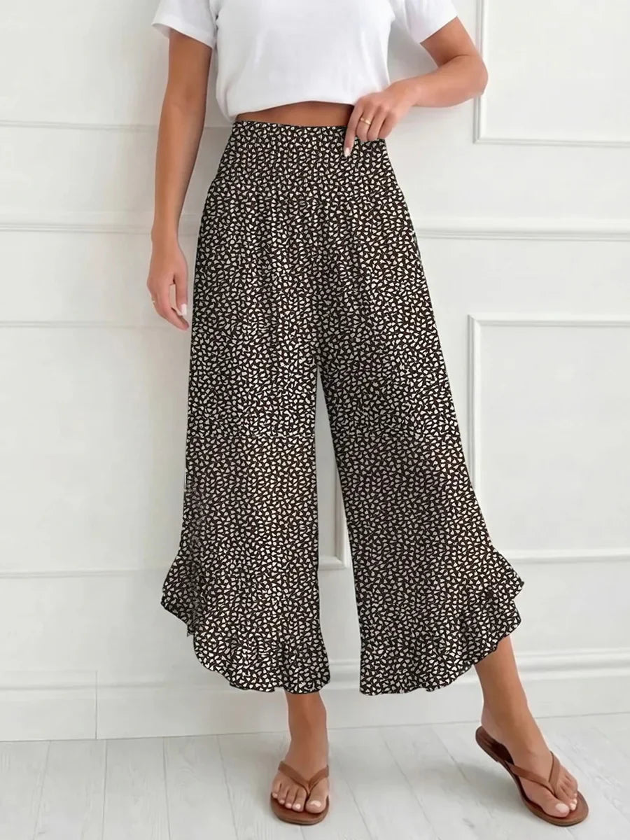 Coffee Floral Ruffle Hem Loose Culottes