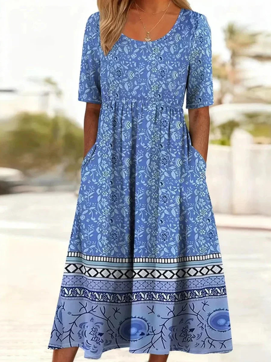Vintage Floral Print Round Neck Short Sleeve Maxi Dress