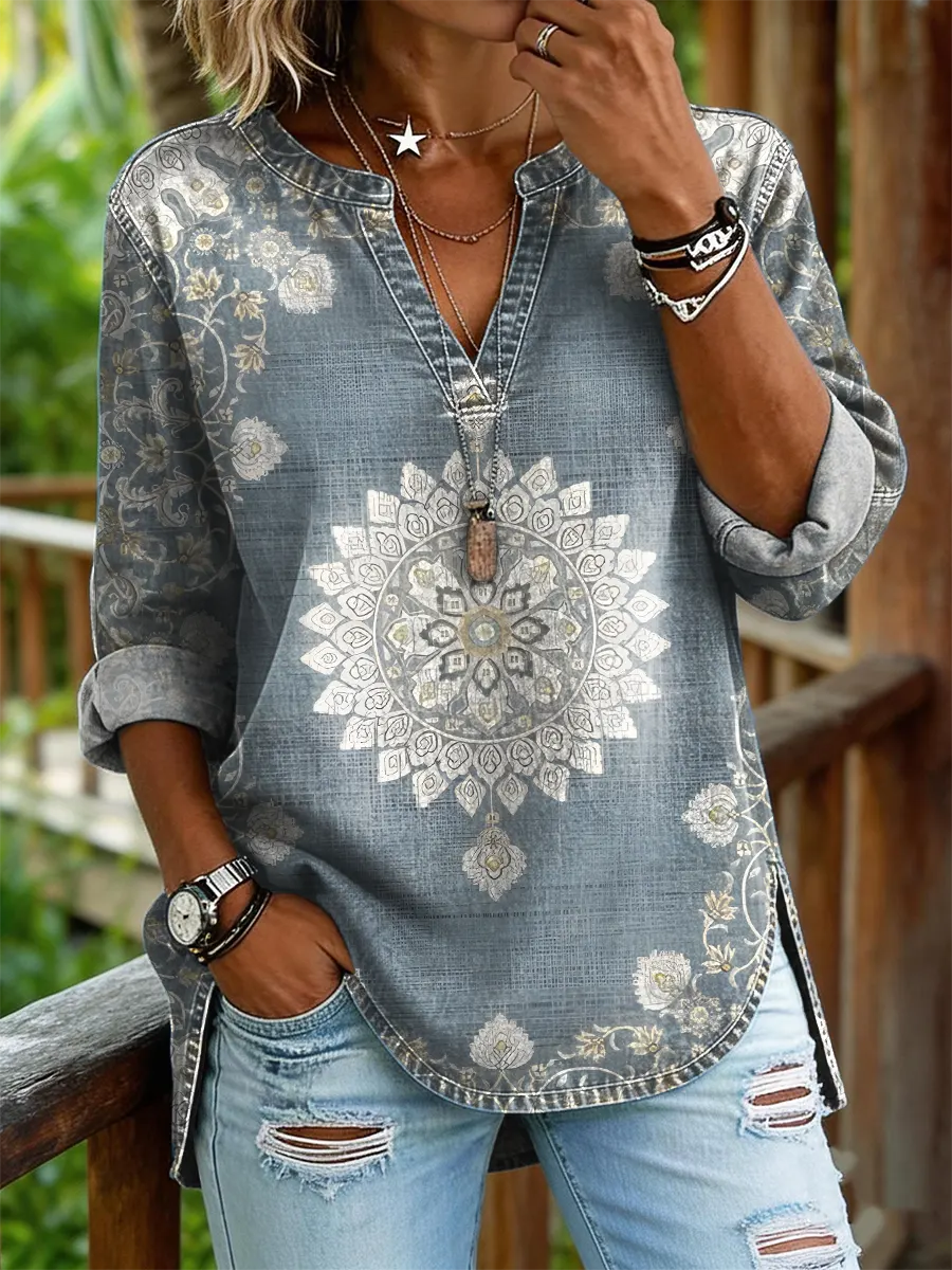 Ethnicity Light Blue Totem Women's Print Casual V-neck Washed Cotton Denim Top
