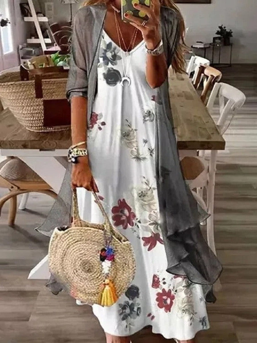 Loosen V Neck Floral Print Casual Two Piece Dresses