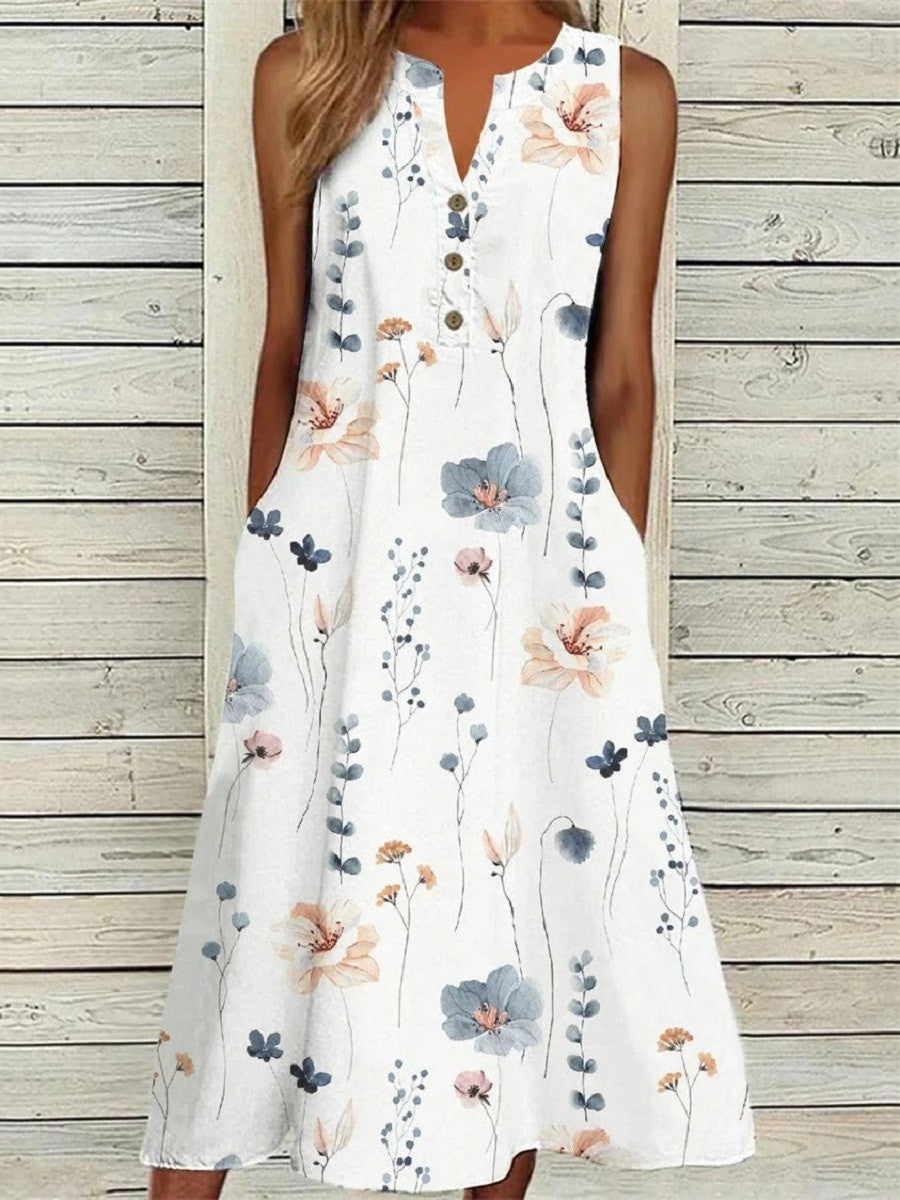 V-neck Graphic Floral Print Sleeveless Midi Dresses