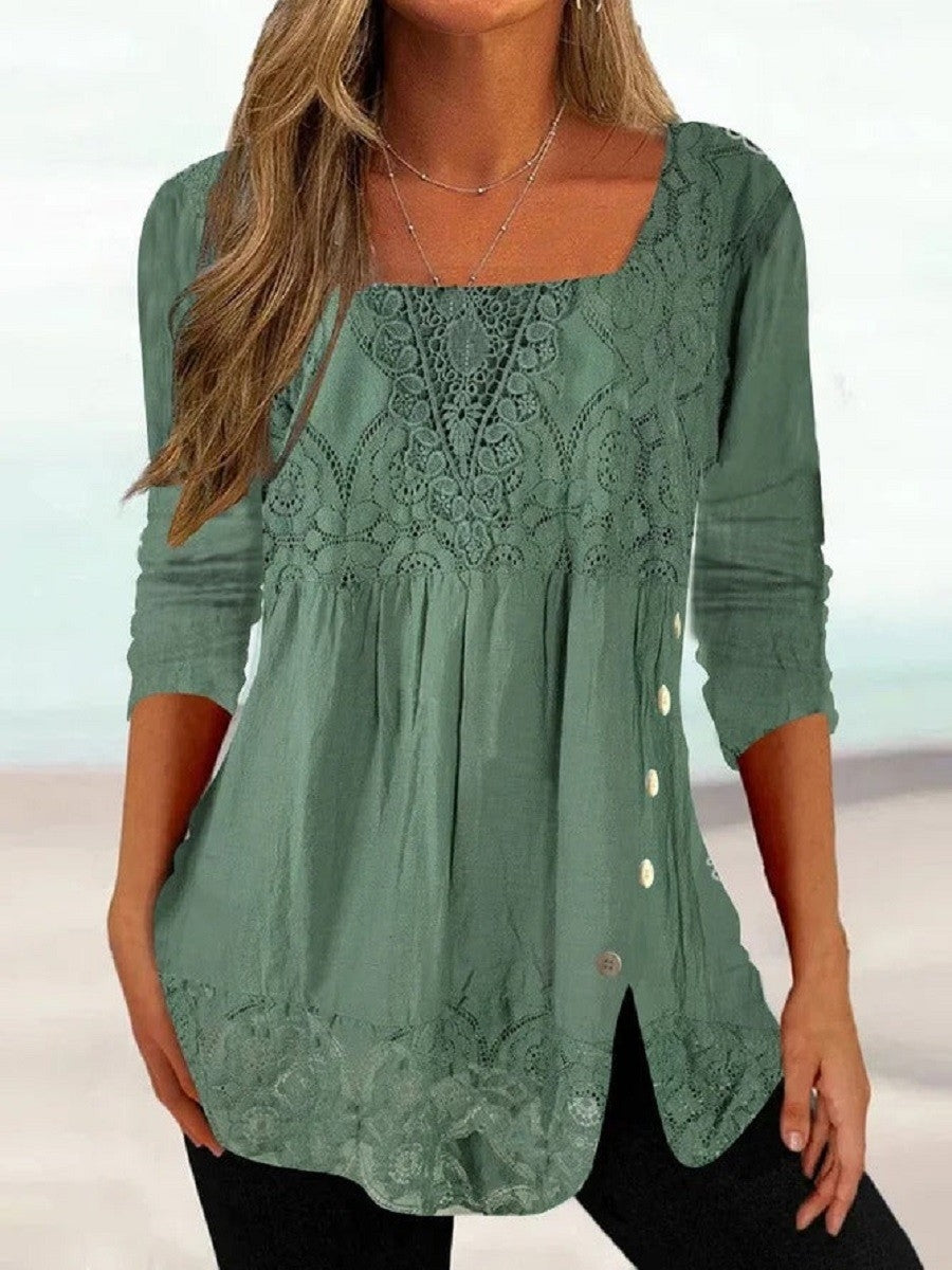 Ethnic Solid Color Casual Square Neck Lace Long Sleeves Blouse