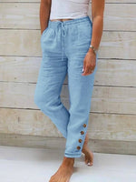 Blue Casual Solid Buttoned Pants