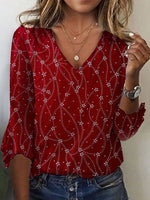Red V Neck Print 3/4 Sleevess Casual Blouse