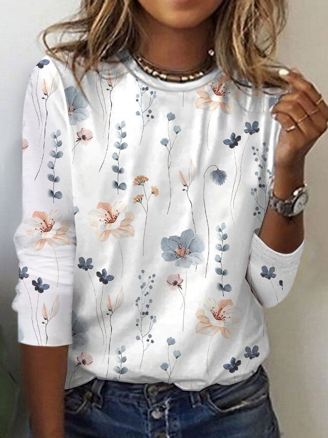 Country Casual Crew Neck Floral Printed Long Sleeves Blouse