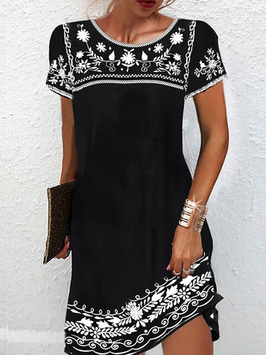 Black Floral Print Crew Neck Short Sleeve Mini Dress