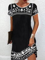 Black Floral Print Crew Neck Short Sleeve Mini Dress