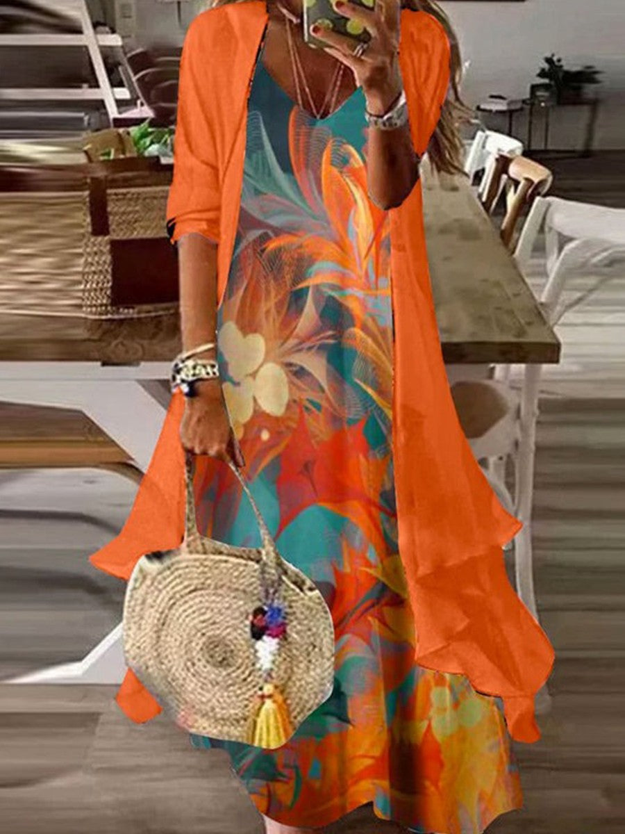 Orange Print Long Sleeve Two Pieces Maxi Dress