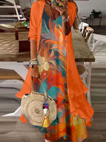 Orange Print Long Sleeve Two Pieces Maxi Dress