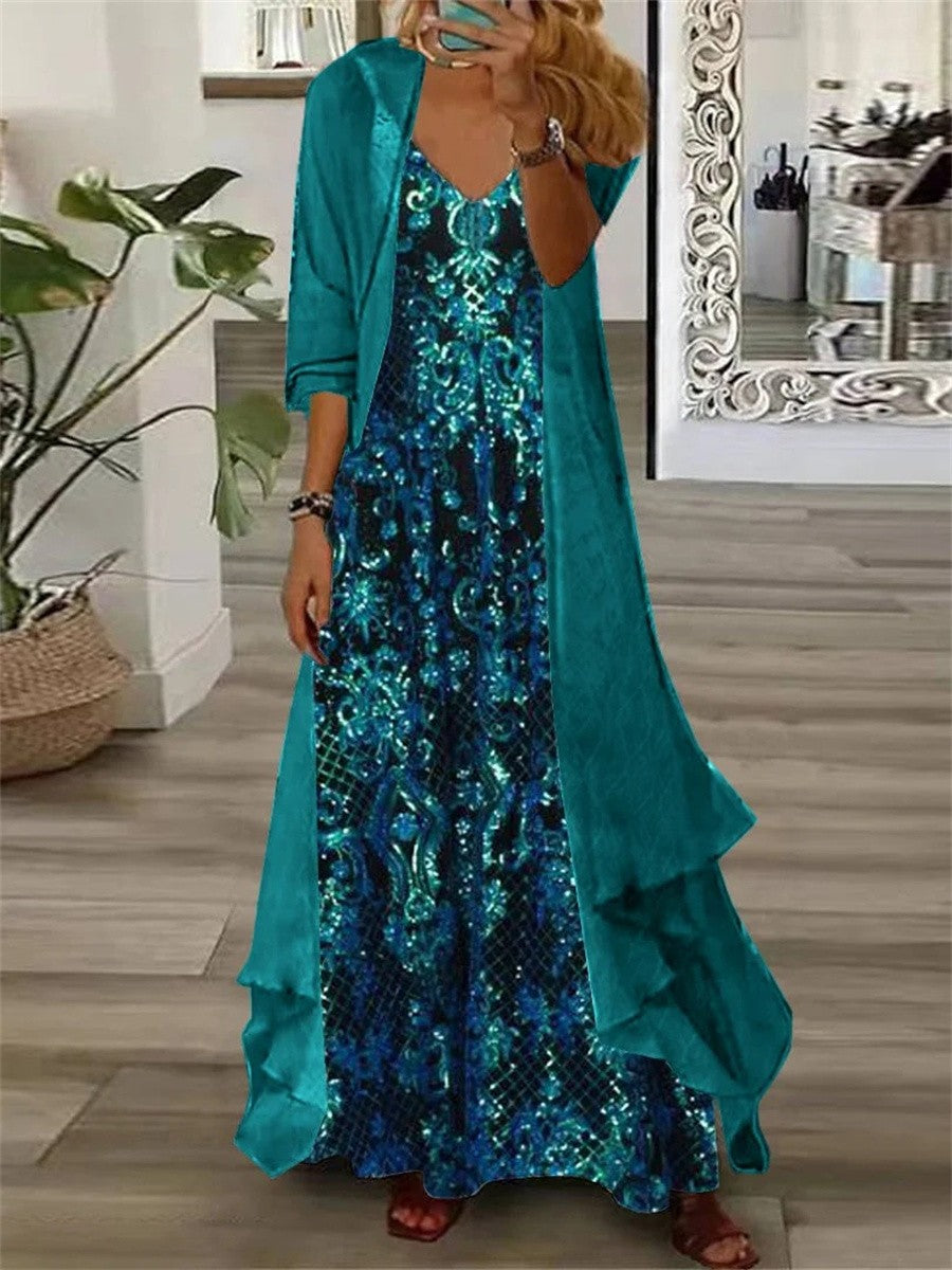 Blue Metallic Floral Long Sleeve V-Neck Two Pieces Maxi Dress