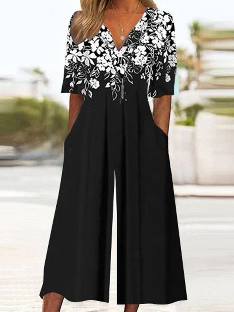 Black V-neck Floral Print Half Sleeve Jumpsuit