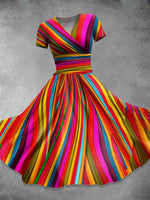V-neck Retro Rainbow Stripe Print Short Sleeve Casual Dress