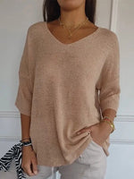Solid Color Knitted V-Neck Sweater