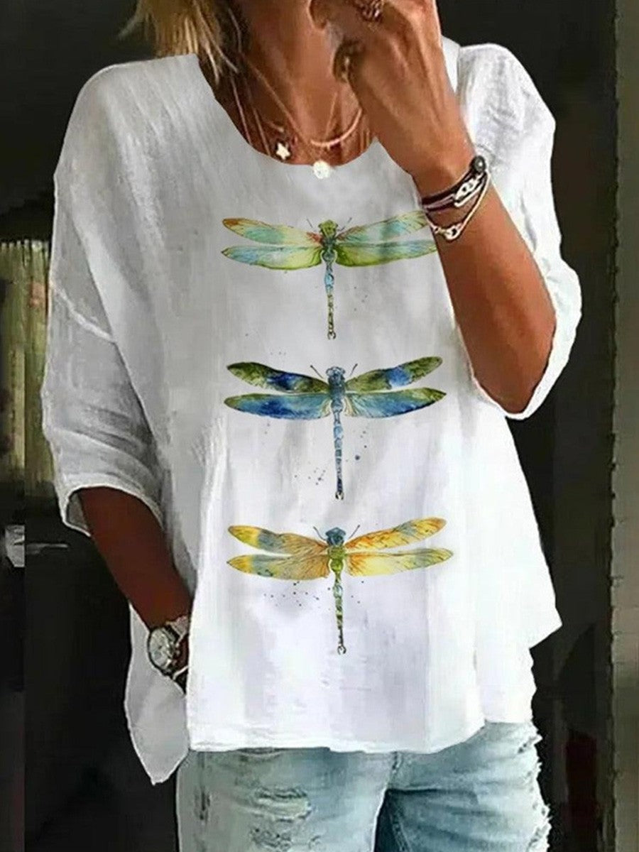 Dragonfly Print Round Neck Blouse