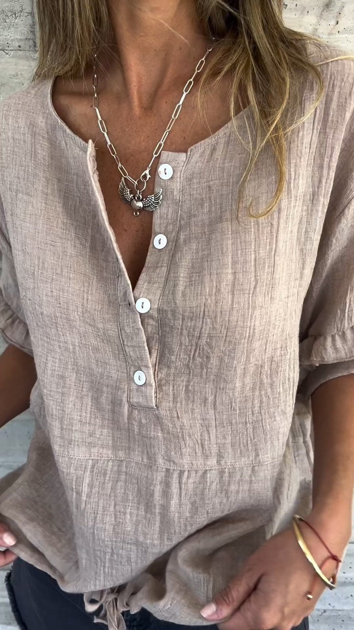 Casual Round Neck Button Ruffle Short Sleeve Top