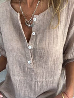 Casual Round Neck Button Ruffle Short Sleeve Top