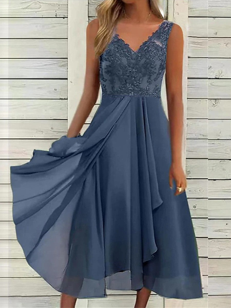 Blue Lace Trim V Neck Sleeveless Midi Dress
