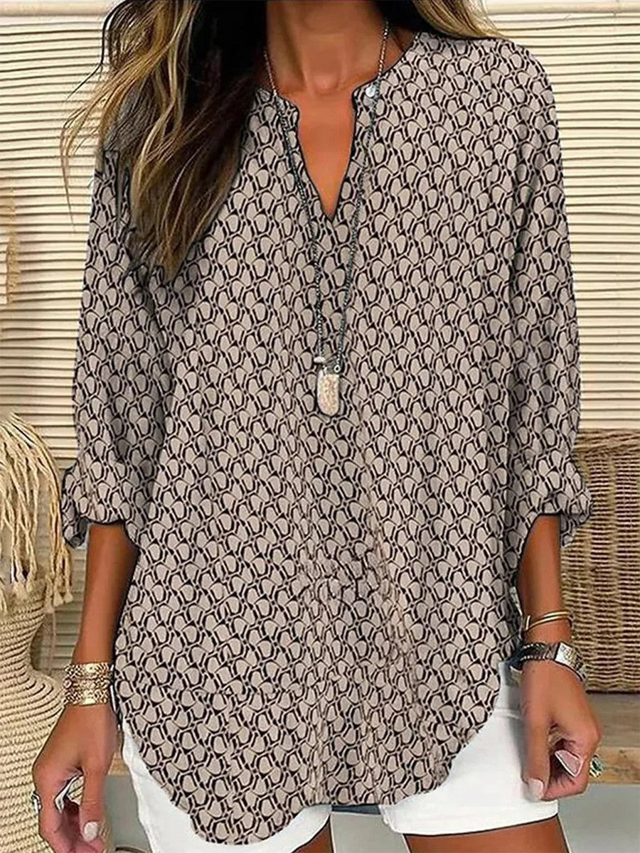 V-Neck Long Sleeve Geometric Print Loose Shirt