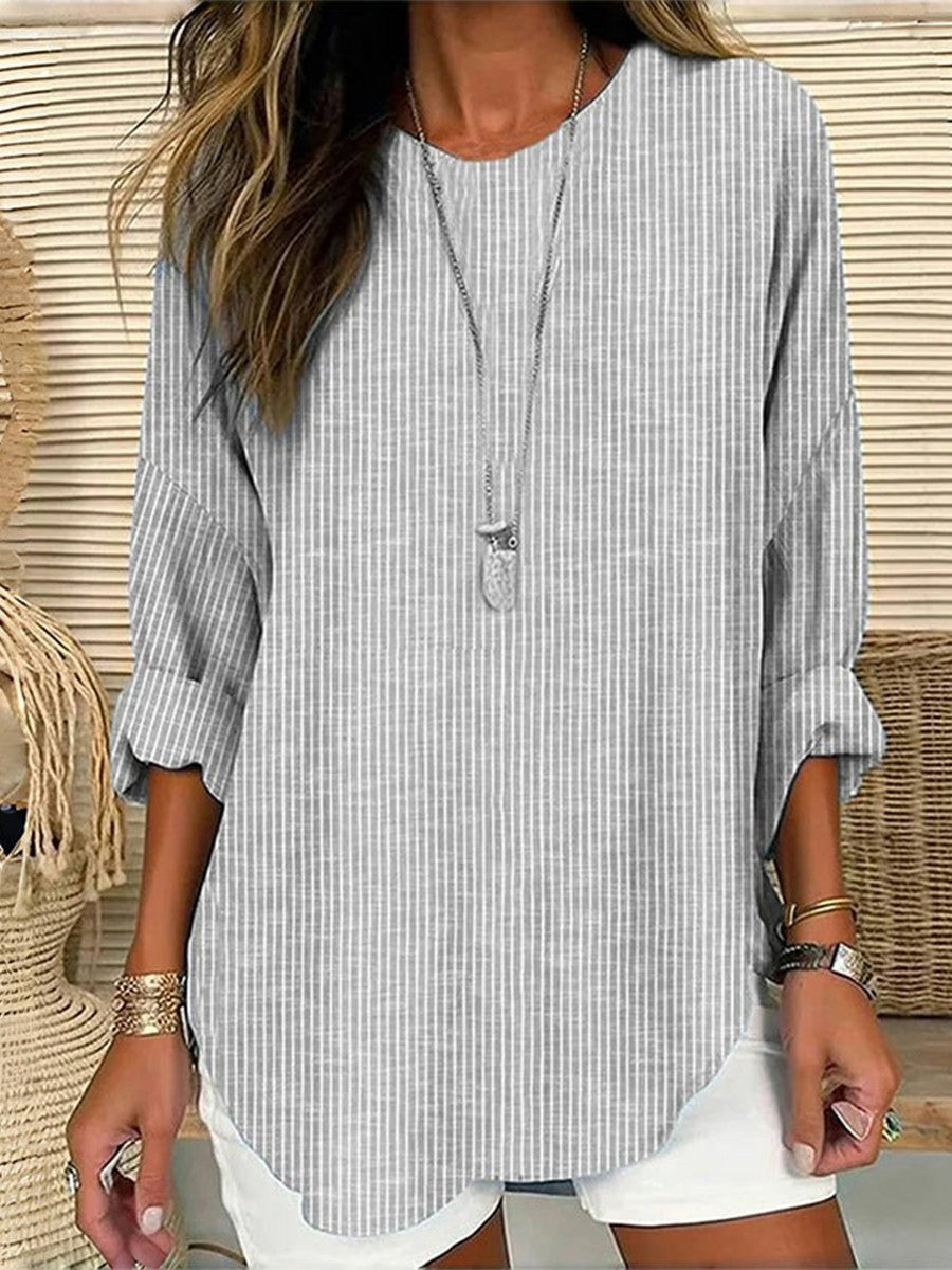 Casual Gray Striped Round Neck Blouse