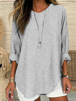 Casual Gray Striped Round Neck Blouse