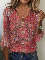 Floral Print 3/4 Sleeves V-Neck Blouse