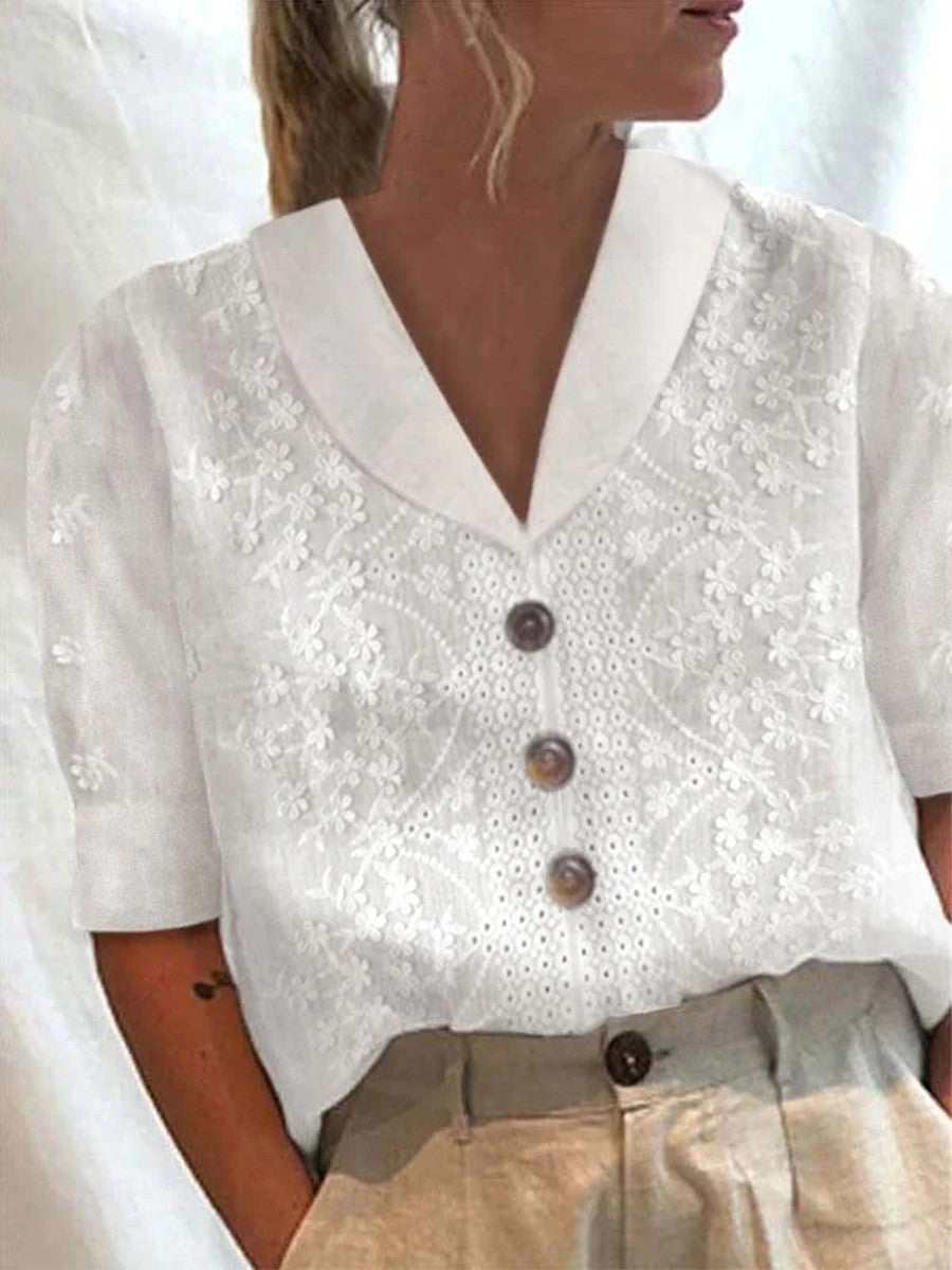 Lace Collar Cotton Short Sleeved Button Down Shirt