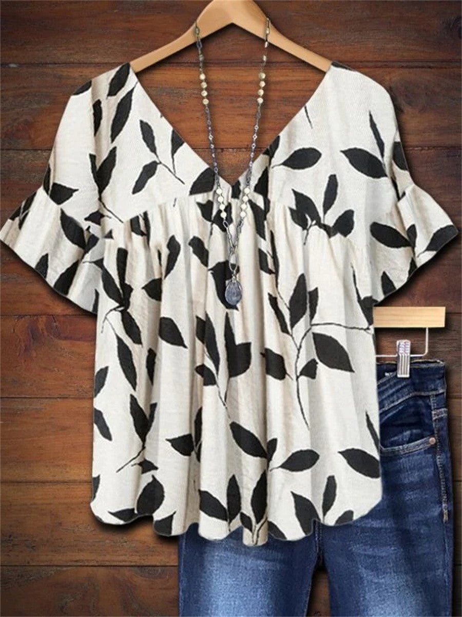 Leaf Print V Neck Ruffled Short Sleeved Top