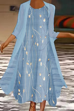 Floral Round Neck 3/4 Sleeve Comfy Two Piece Maxi Dress