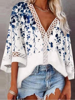 Floral Print V-neck Lace Casual Half Sleeves Blouse