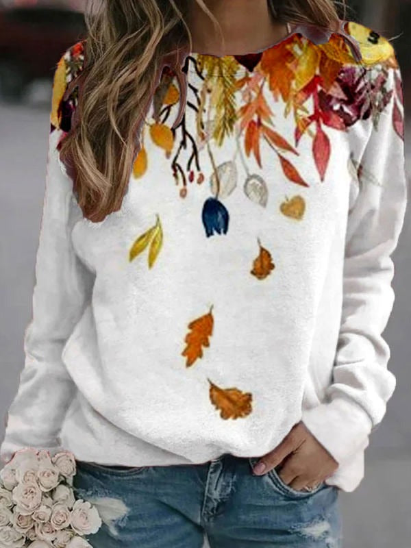 Leaf Print Crew Neck Casual Long Sleeves Sweatshirt