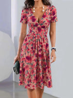 V-neck Floral Print Short Sleeve Midi Dress